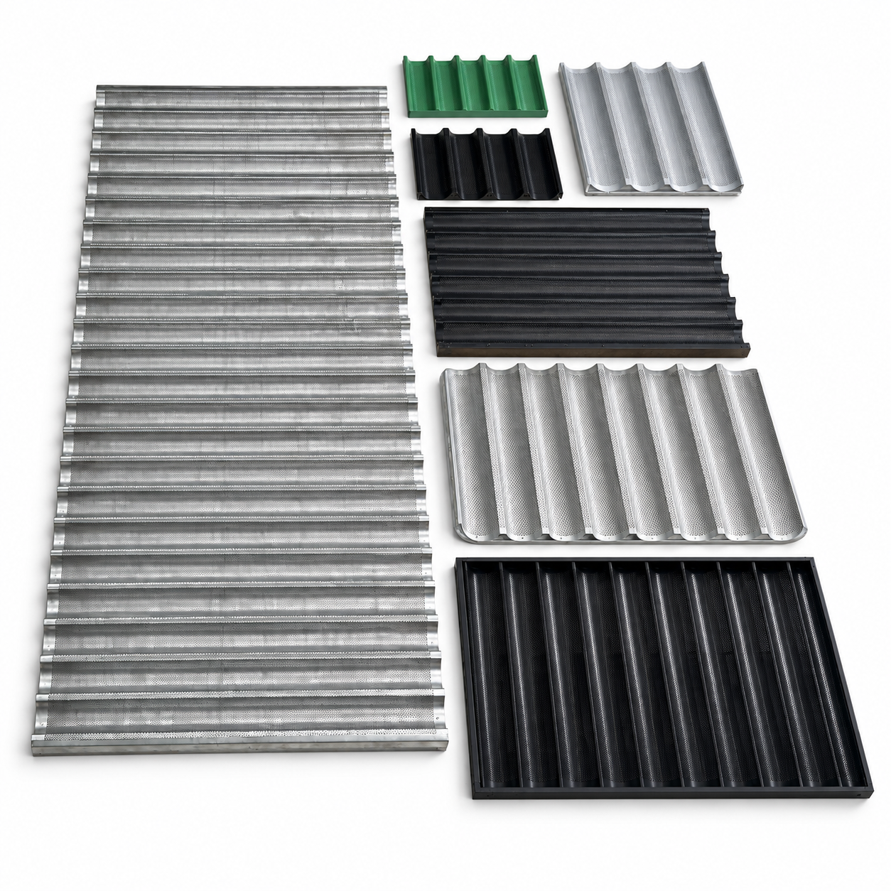 Baguette tray assortment with perforated channels in silver, black and green finishes
