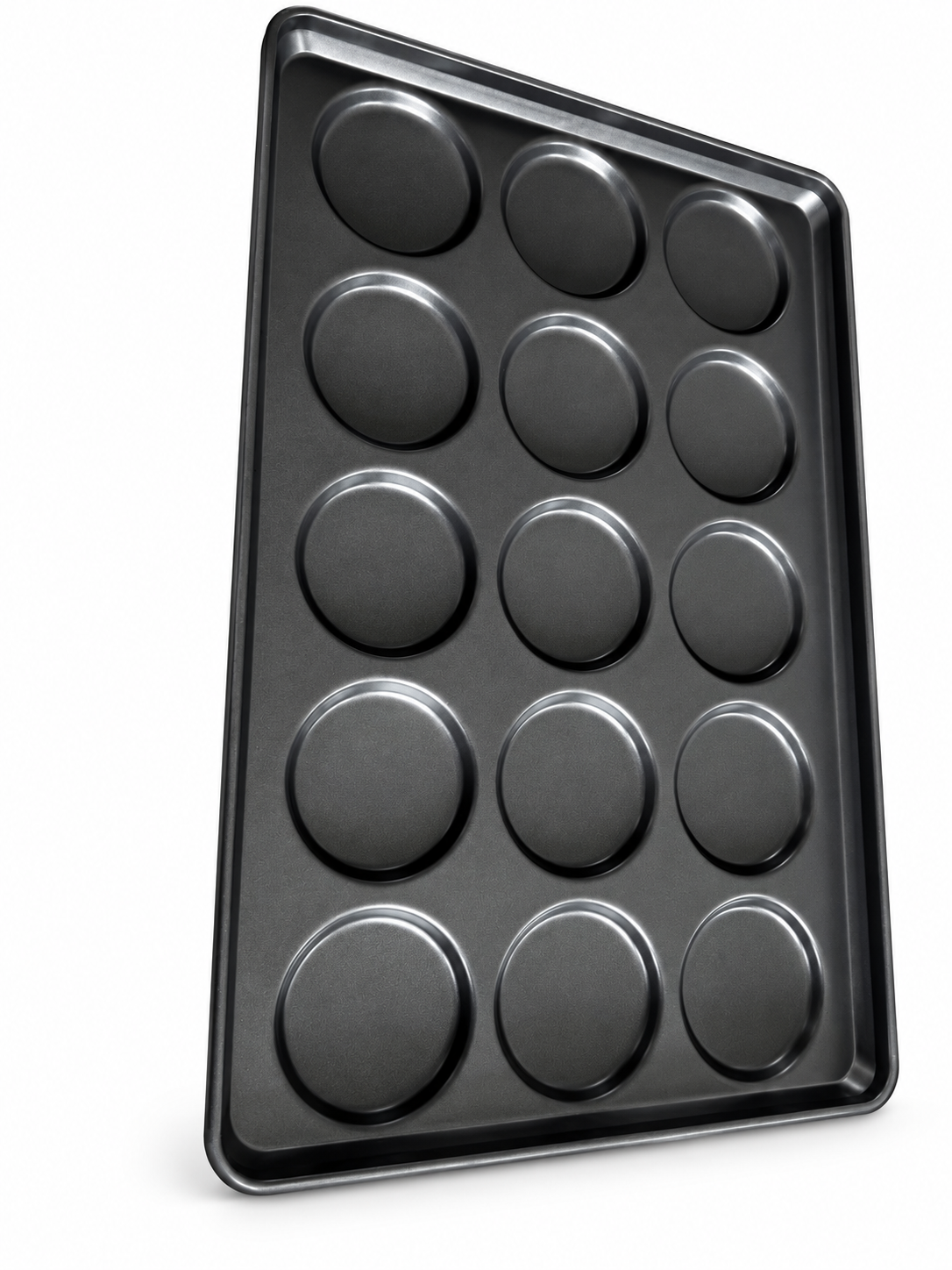 Coated hamburger bun baking pan on a white background
