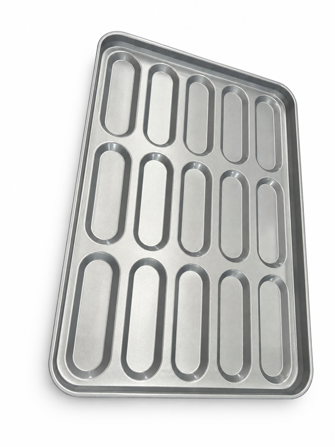 15-cavity 8-inch hoagie roll pan with flat-bottom molds and a silver finish