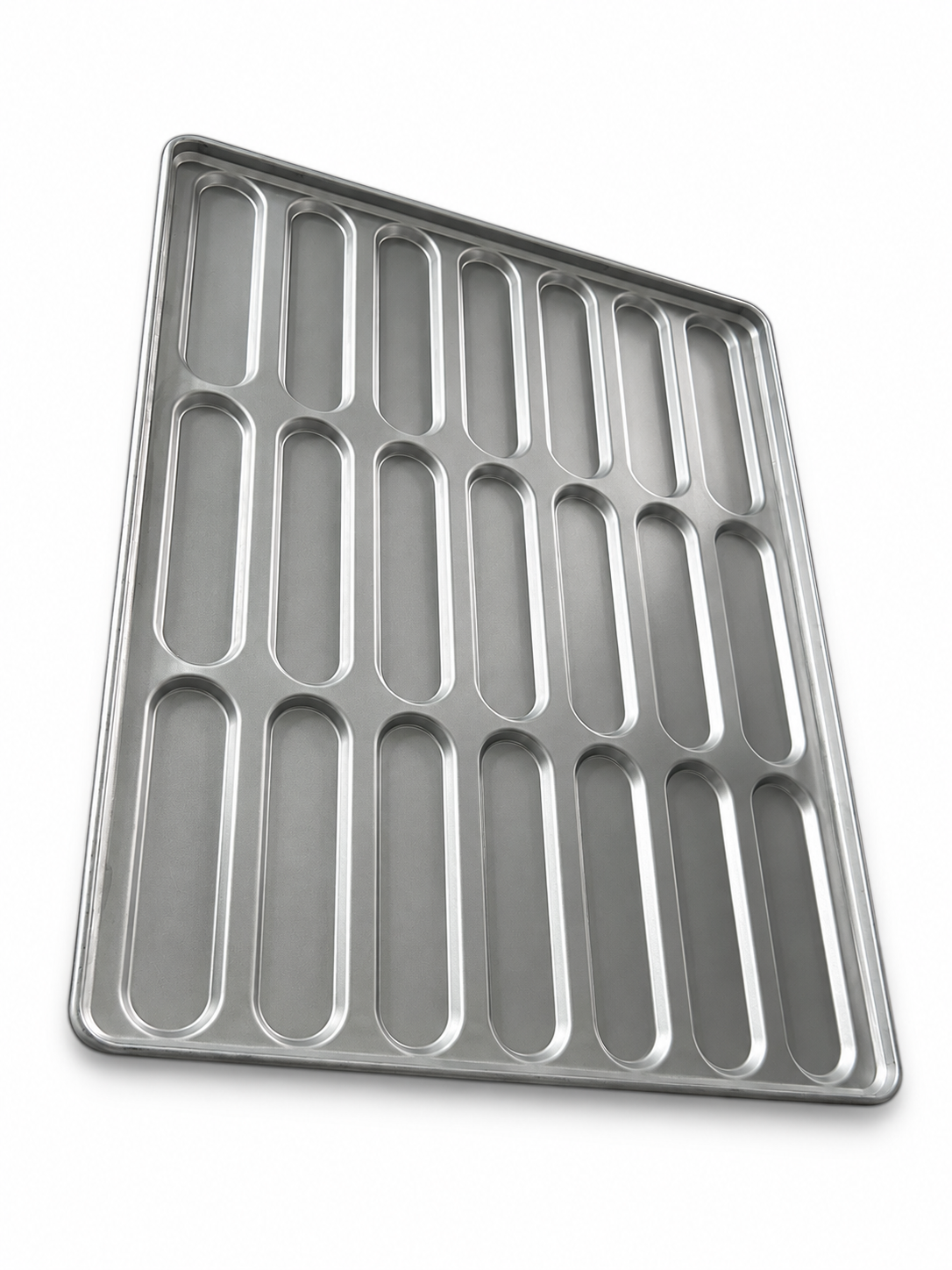 Silver 21-cavity bread roll pan with a 3 by 7 layout and elongated molds