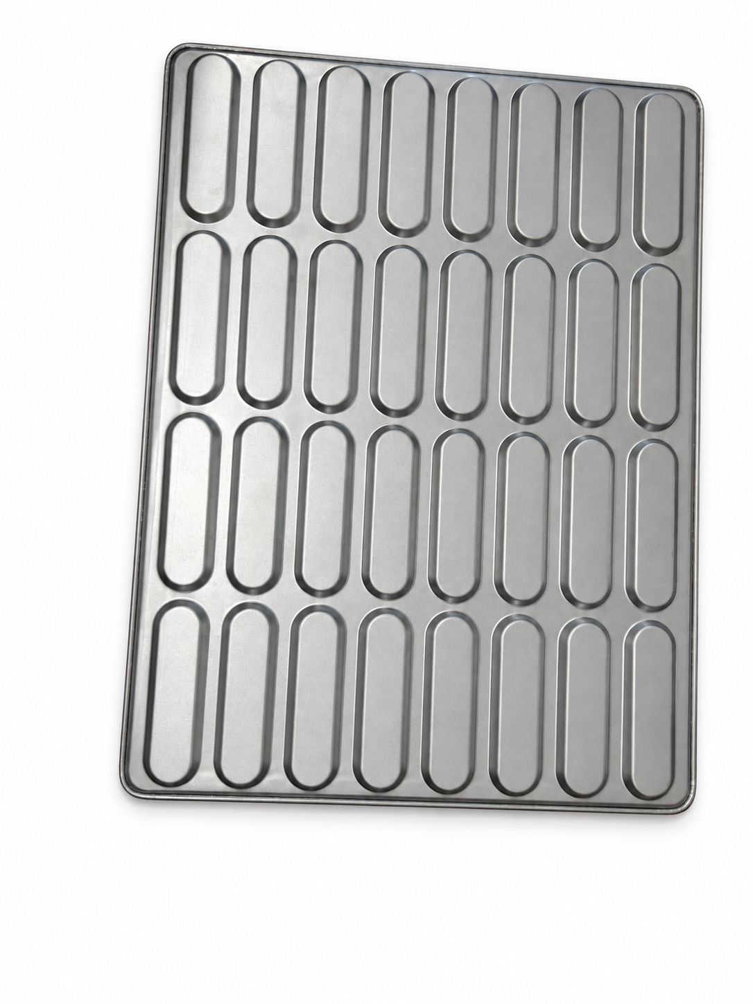 32-cavity aluminized steel hoagie bun pan with a 4 by 8 mold layout