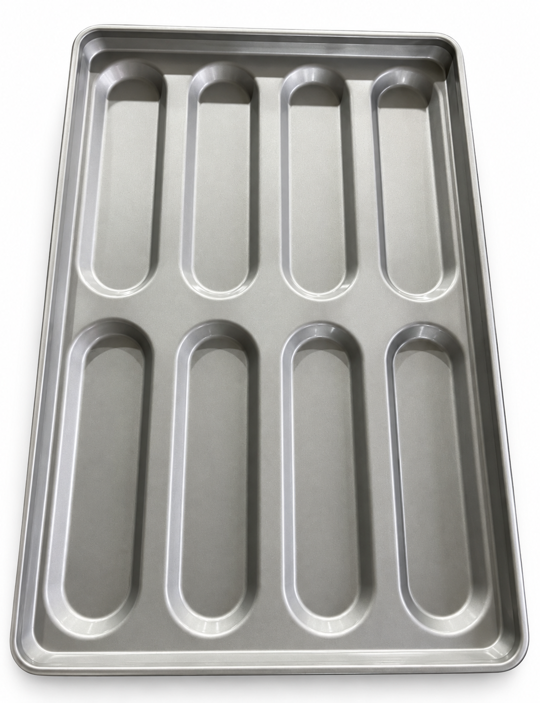 8-cavity nonstick hot dog bun pan with elongated individual molds