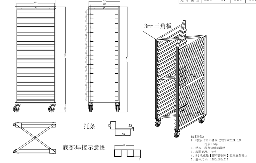 X-frame bakery rack technical drawing showing 1780 mm overall height and 680 by 517 mm horizontal dimensions