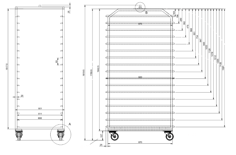 Z nesting oven rack engineering drawing with width 920 mm, depth 661 mm, height 1819.5 mm and runner spacing 93 mm